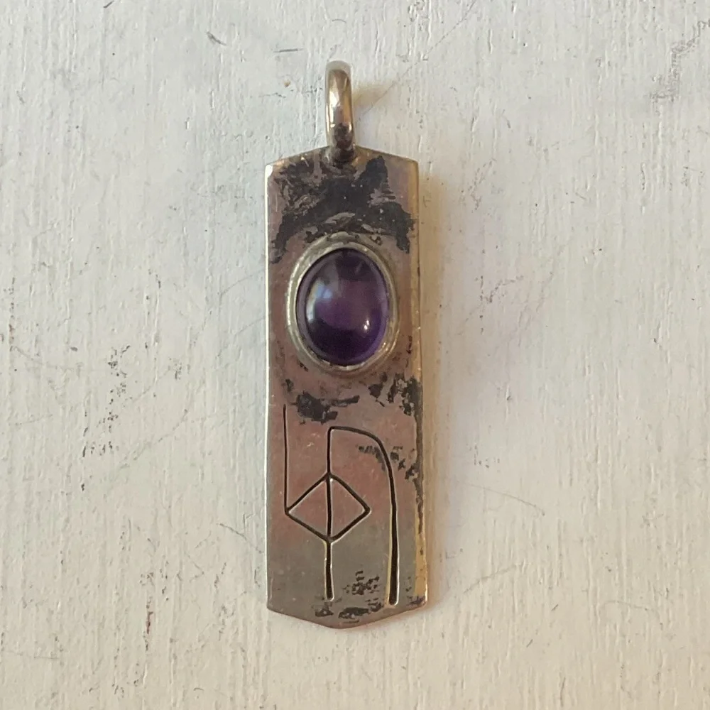 Vintage Sterling Silver Amethyst Cabochon Bar Pendant Southwestern Style